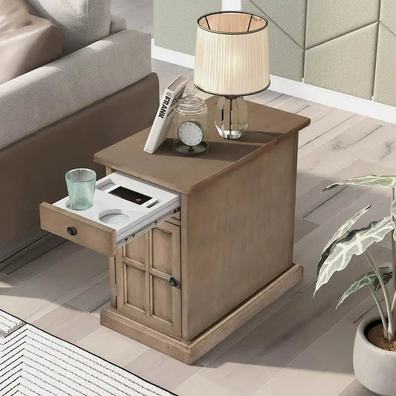 Retro-Inspired Living Room Side Table with USB Ports, Multifunctional Drawer, and Cup Holders - image 1