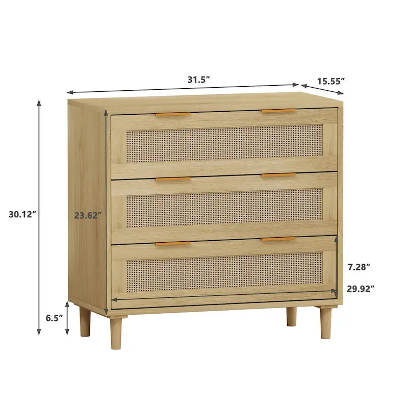 Oak Storage Cabinet with 3 Rattan Drawers - Dimensions: 31.5L x 15.55W x 30.12H - image 8