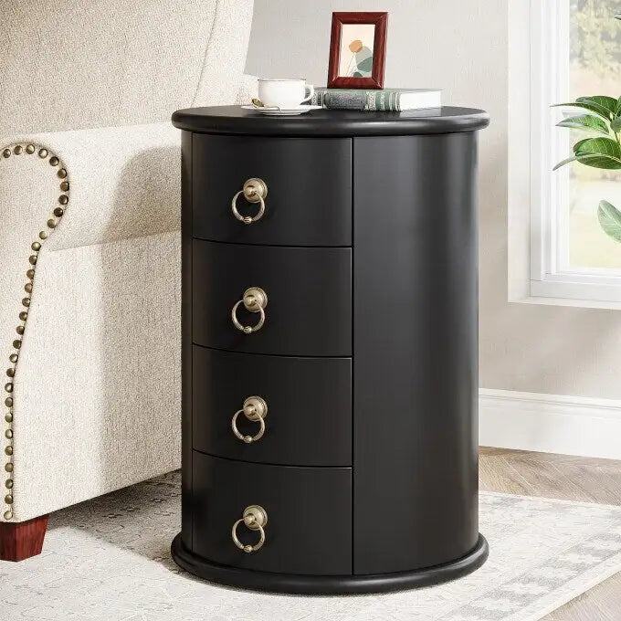 No Assembly Solid Wood End Table, Vintage Round Side Drawers Table - image 3