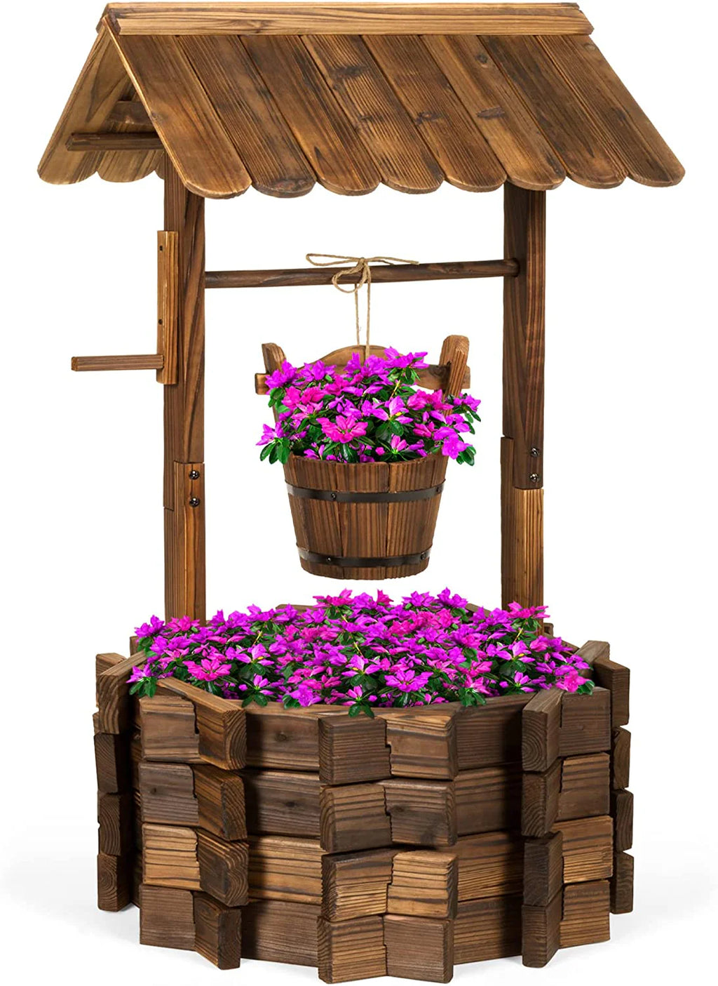 Best Choice Products Rustic Wooden Wishing Well Planter Outdoor Home Décor for Patio, Garden, Yard w/Hanging Bucket - image 1