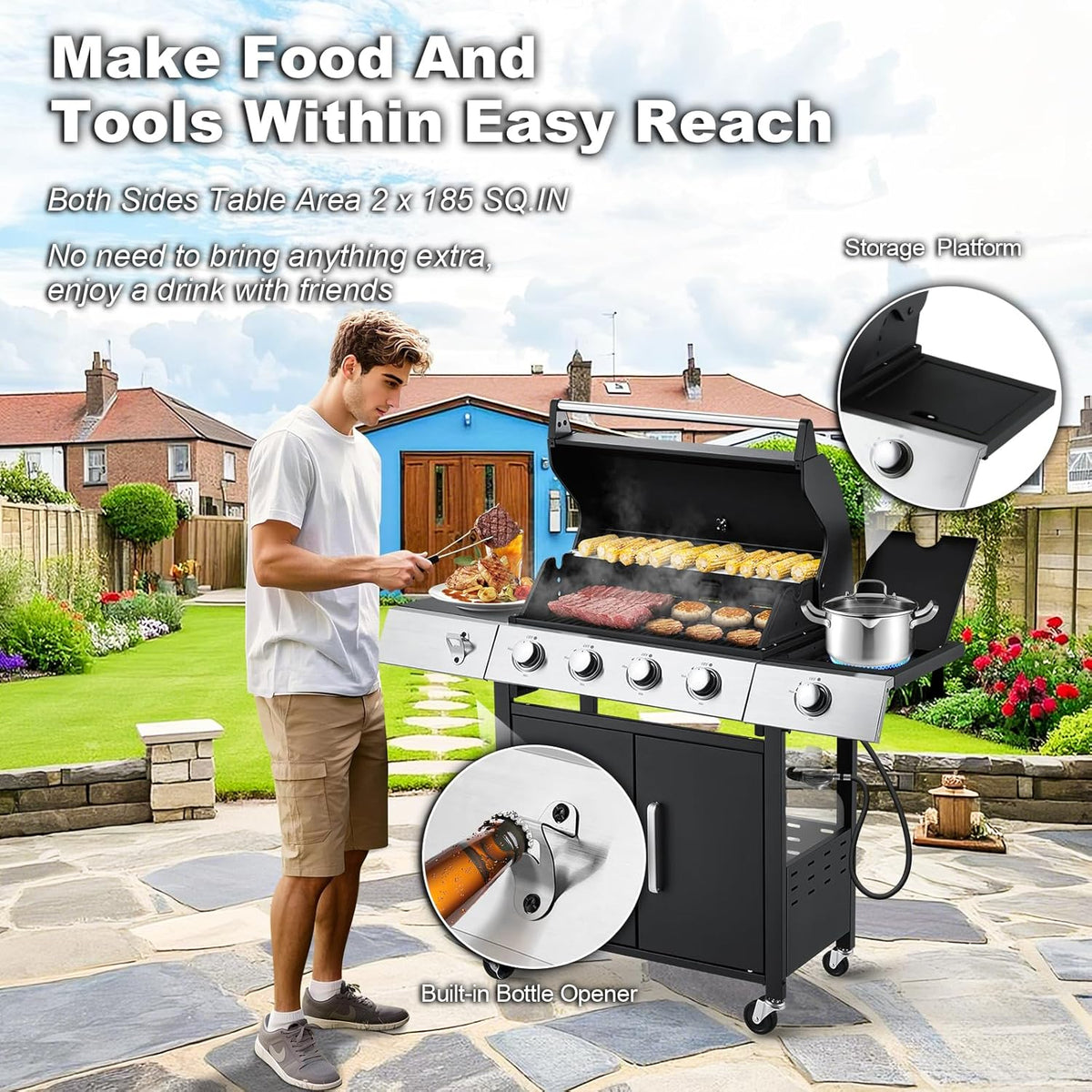 Upgraded 4 Burner BBQ Propane Gas Grill with Cast Iron Grates & Side Stove, 44,000 BTU Stainless Steel Burner Barbecue Grill for Patio, Camping, Outdoor Cooking. - image 56