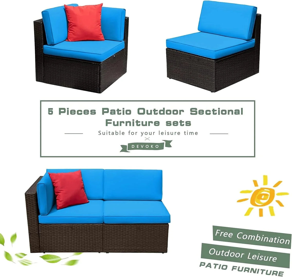Devoko 5 Pieces Patio Furniture Sets All Weather Outdoor Sectional Patio Sofa Manual Weaving Wicker Rattan Patio Seating Sofas with Cushion and Glass Table(Beige) - image 21