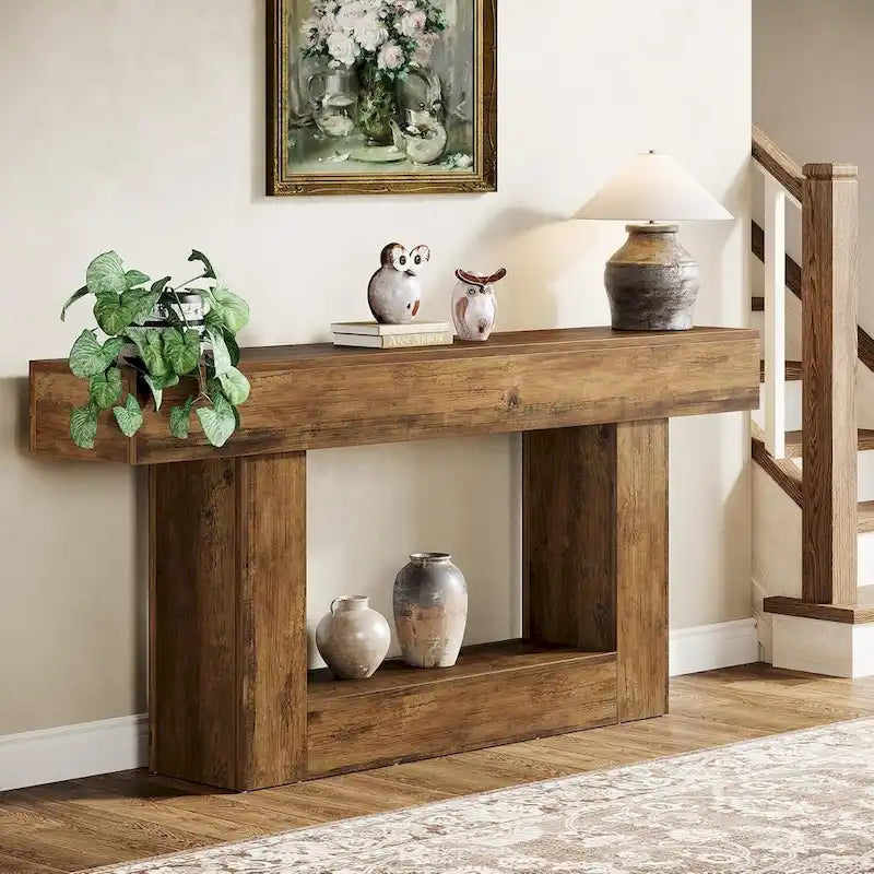 63-Inch Brown and Gray Slim Wooden Console Table for Entryway - image 9