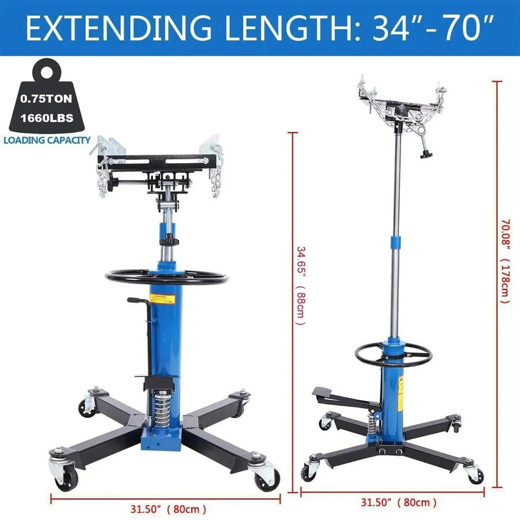 1660 Pounds Hydraulic Car Transmission Jack Vertical Lift with 360° Swivel Wheel Pedal ,Blue,33"-70"(0.75Ton) - image 4