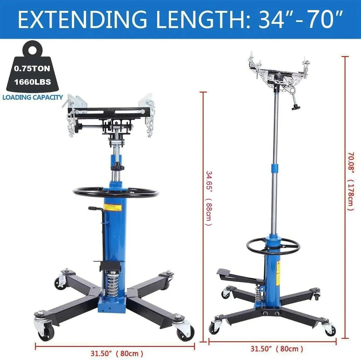 1660 Pounds Hydraulic Car Transmission Jack Vertical Lift with 360° Swivel Wheel Pedal ,Blue,33"-70"(0.75Ton) - image 4