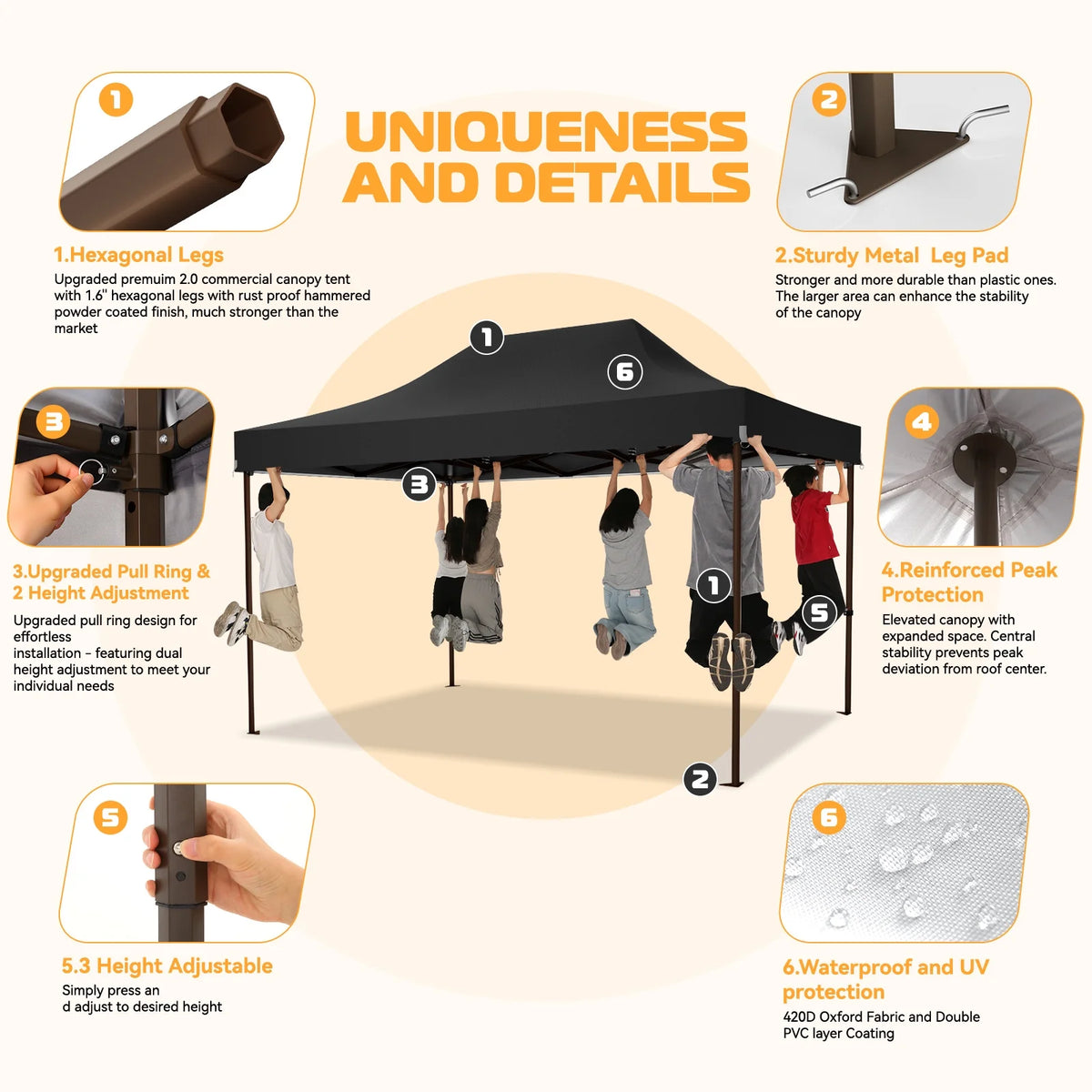 COBIZI 10x15 Pop Up Canopy Tent Heavy Duty with Sidewall, Commercial Outdoor Easy Pop Up Gazebo for Party Wedding All Weather Waterproof UV 50+ with Roller Bag(Leg Upgraded),Black - image 5