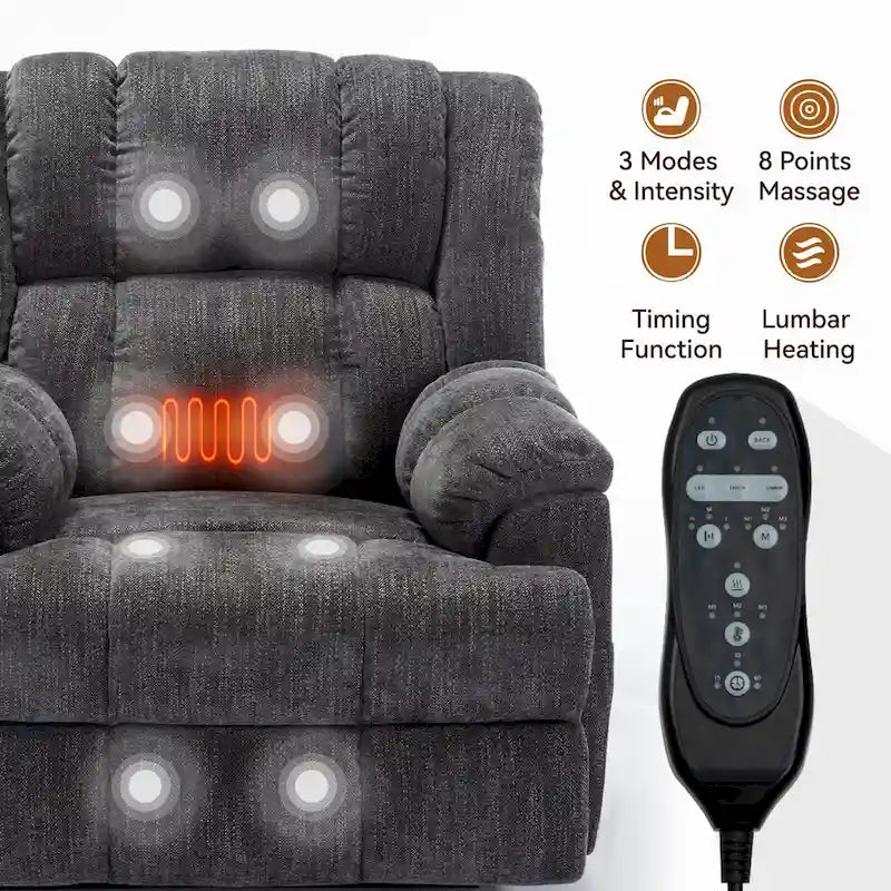 Grey Oversized Chenille Power Lift Recliner with Massage, Heating, and Flat Lay Feature - image 7