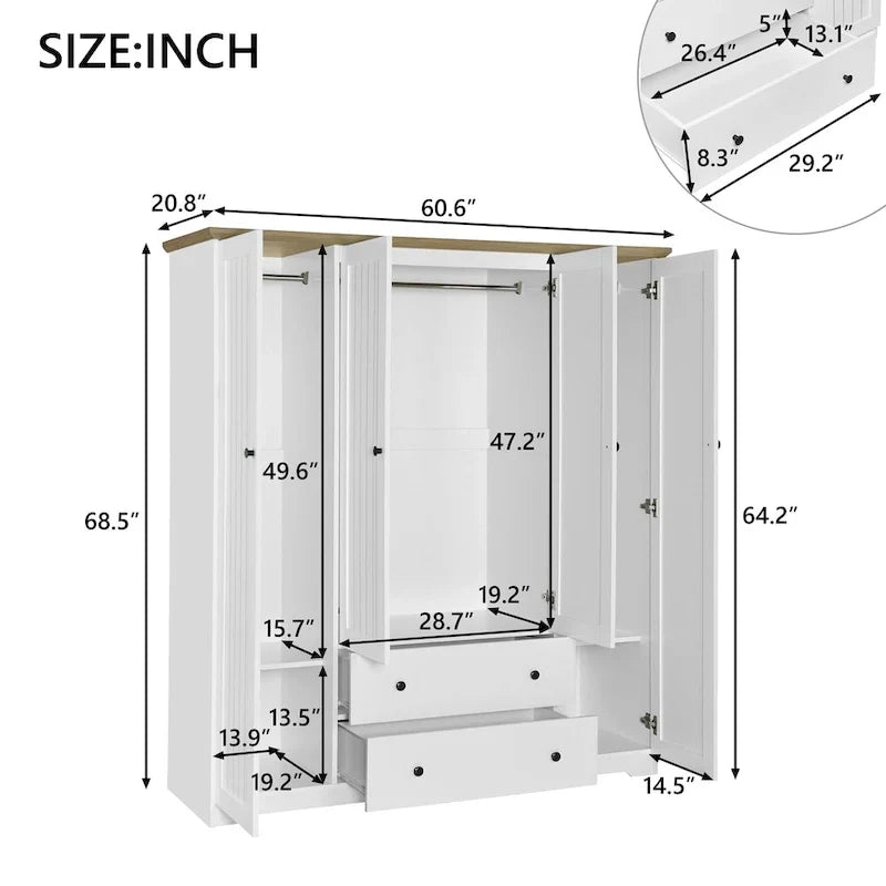 Freestanding 4-Door Wardrobe Armoire with 2 Drawers and Hanging Rods for Clothes Storage - image 5
