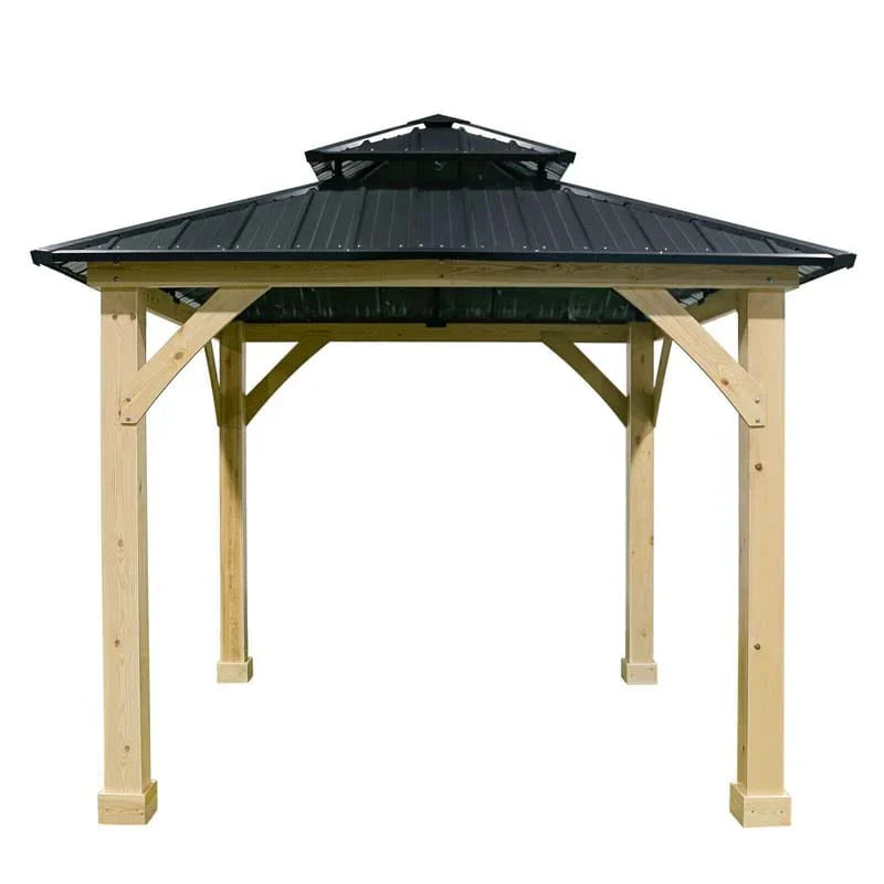 10 x 10 FT Outdoor Patio Hardtop Gazebo with Wood Frame & 2-Tier Metal Roof, All-Weather Gazebo Pergolas Shelter - image 4