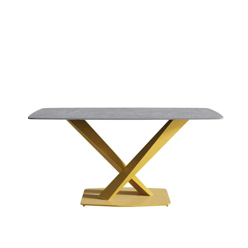63-Inch Contemporary Dining Table with Slate Stone Surface and Metal Legs, Marble Finish - image 14
