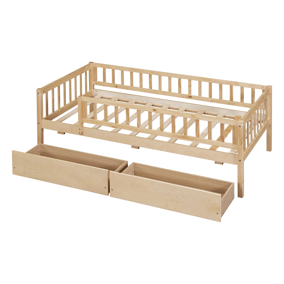 Holaki Twin Size Wood Bed with Guardrails and 2 Storage Drawers for Kids, Gray - image 12