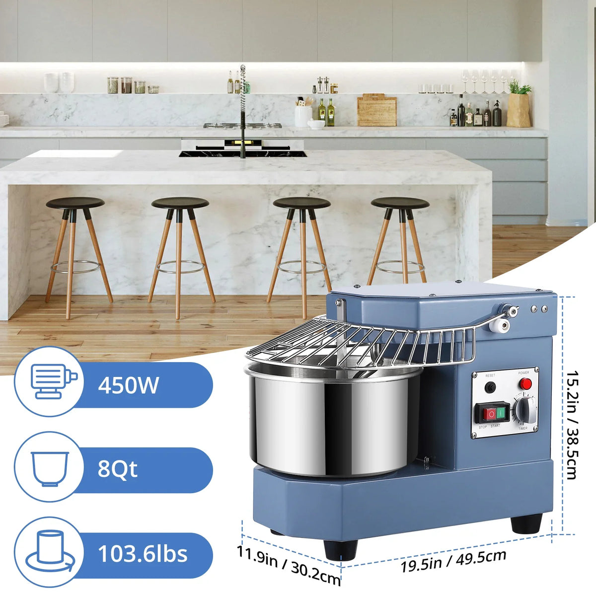 2025  8Qt Commercial Food Mixer, 450W Dual Rotating Dough Kneading Machine w Food-grade Stainless Steel Bowl, Security Shield & Timer, Commercial - image 8