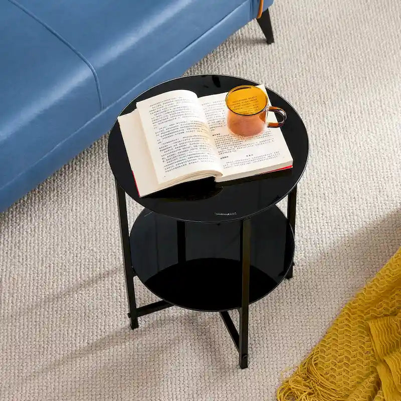 Black 2-Piece Tempered Glass End Table Set - Round Coffee Table for Bedroom, Living Room, and Office - image 14