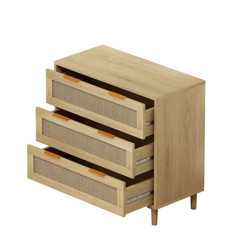 Oak Storage Cabinet with 3 Rattan Drawers - Dimensions: 31.5L x 15.55W x 30.12H - image 2