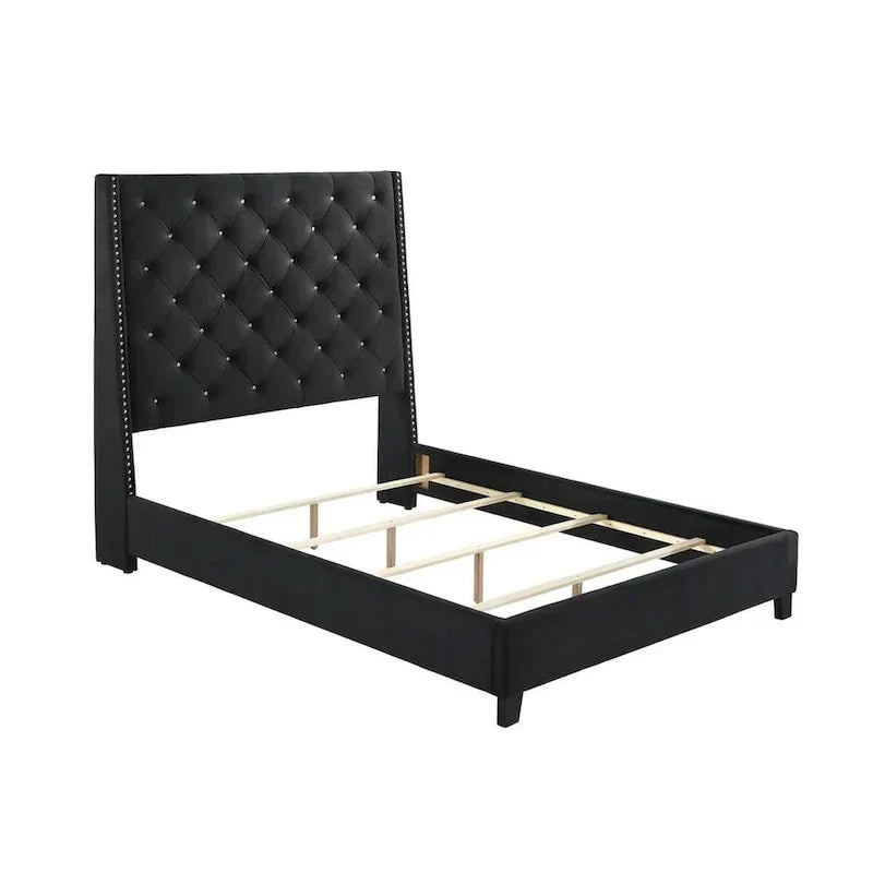 Queen Size Maze Bed with Button Tufting, Nailhead Accents, and Black Fabric Upholstery - image 2