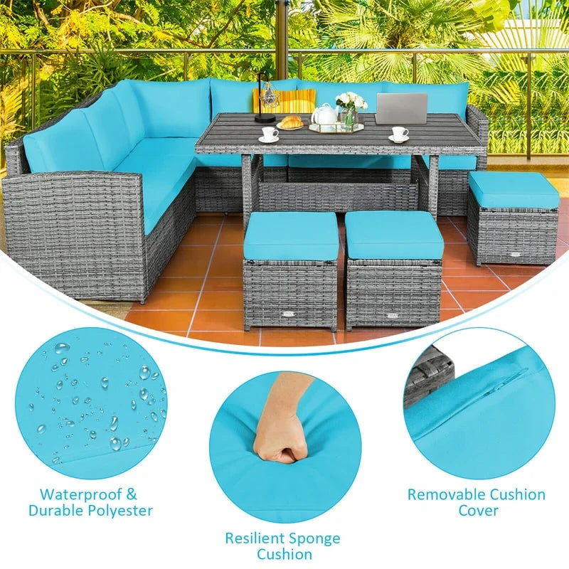 7 Pcs Rattan Patio Dining Furniture Sectional Sofa Set with Dining Table, Ottomans & Cushions - image 40