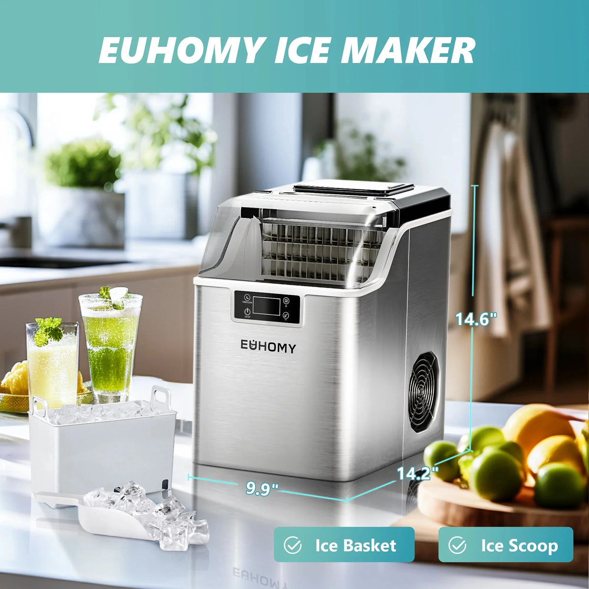 EUHOMY 14'' Cube Ice Compact Ice Maker Selectable Ice Thickness with Water Bucket - image 2