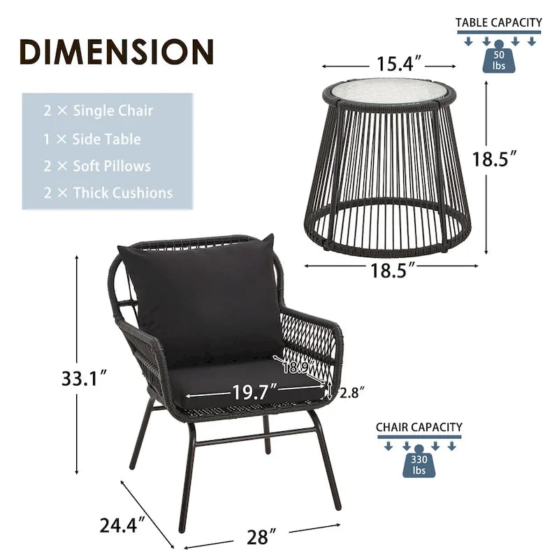 3-Piece Patio Conversation Bistro Set, Outdoor Rattan Furniture Set with Glass Table & 2 Wide Armchairs, Seat Cushions - image 7