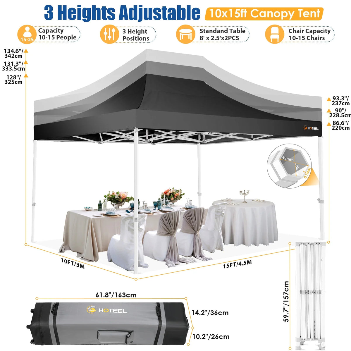 HOTEEL 10x15 Heavy Duty Canopy Tent - Commercial Pop Up with UV50+, Thick Hexagonal Frame, 4 Sidewalls, Anti-Pooling Design & Roller Bag (Black) - image 10