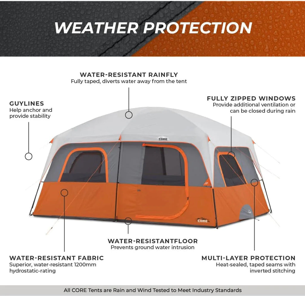 CORE Straight Wall Cabin Tents / 10 Person / 11 Person / 12 Person Large Multi Room Family Tents for Car Camping & Outdoor Adventures - image 15