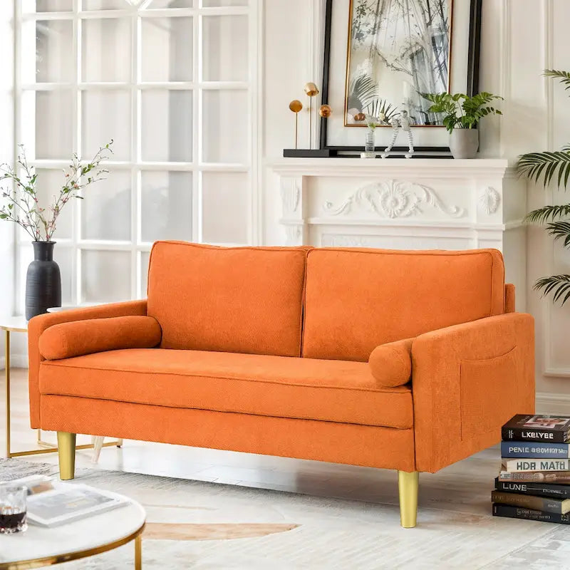 Elegant 65-Inch Orange Polyester 2-Seater Loveseat with Side Pockets and Round Cushions - image 3
