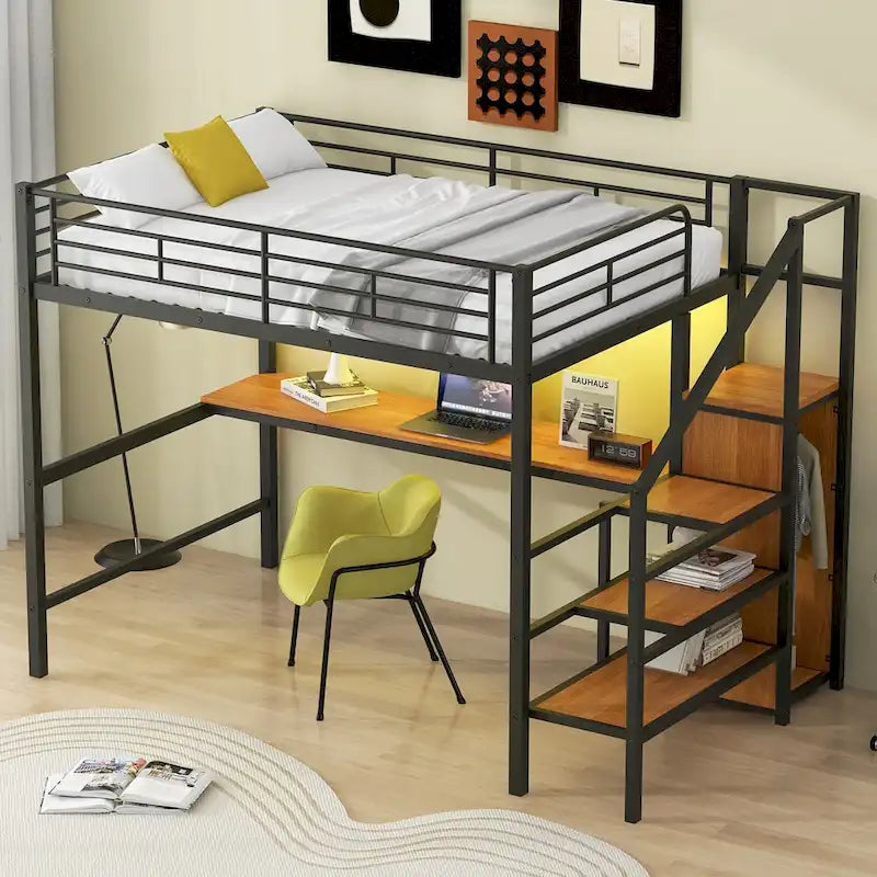 Complete Loft Bed Set with Desk, Storage Staircase, Compact Wardrobe, and LED Lighting - image 5