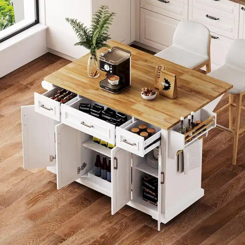 Large Kitchen Island with Wood Drop Leaf, Embossed Texture Rolling Kitchen Cart wDoors and Drawers wStorage for Kitchen, White - image 2