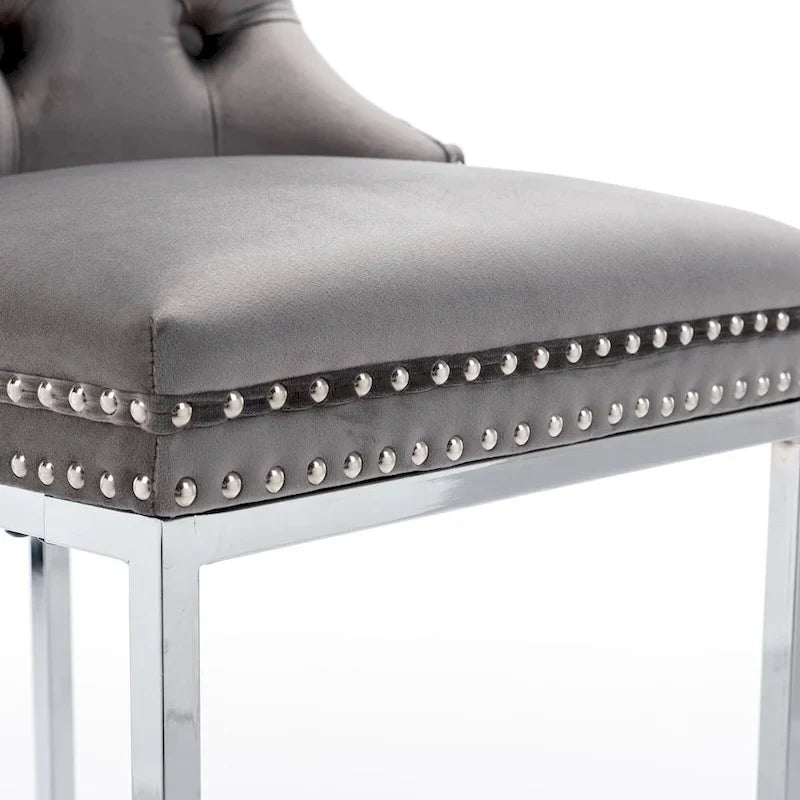Contemporary Set of 2 Bar Stools with Button-Tufted Back and Studded Trim, Chrome Metal Base - Ideal for Dining Room, Living Room, and Bedroom - image 35