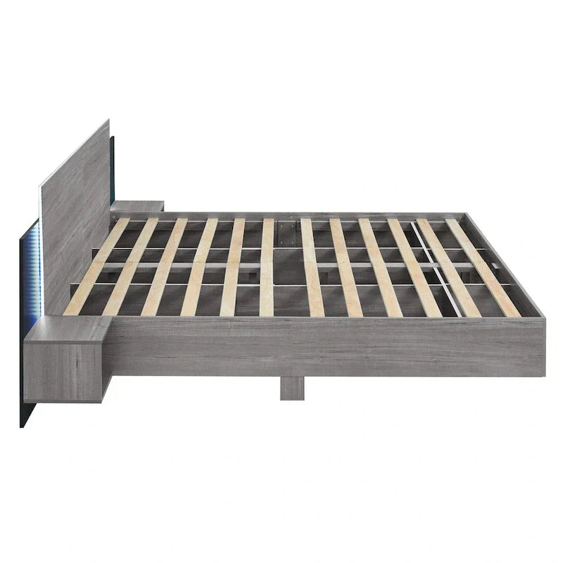 Modern King Size Wooden Floating Bed Frame with Nightstand and LED - Slatted Support Design - image 20