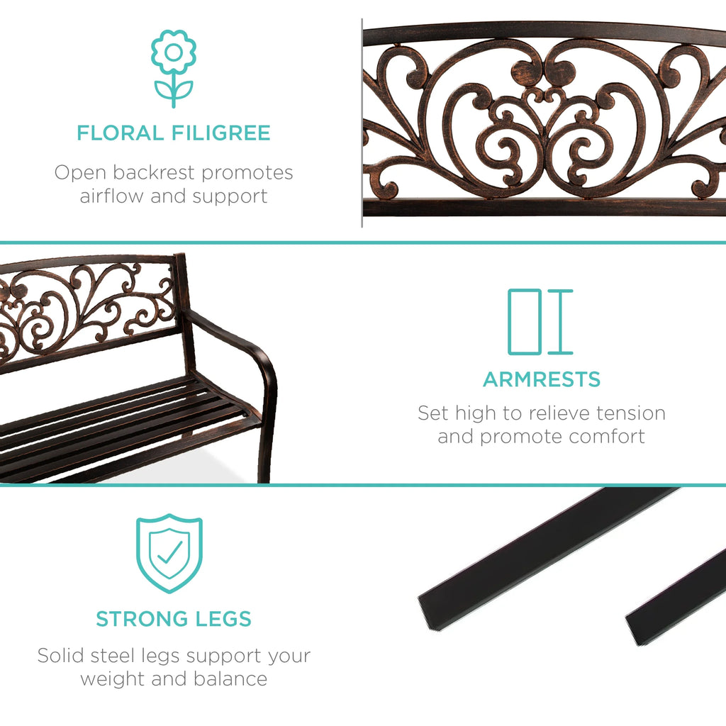 Best Choice Products Outdoor Steel Bench Garden Patio Porch Furniture W/ Floral Design Backrest - Black - image 93