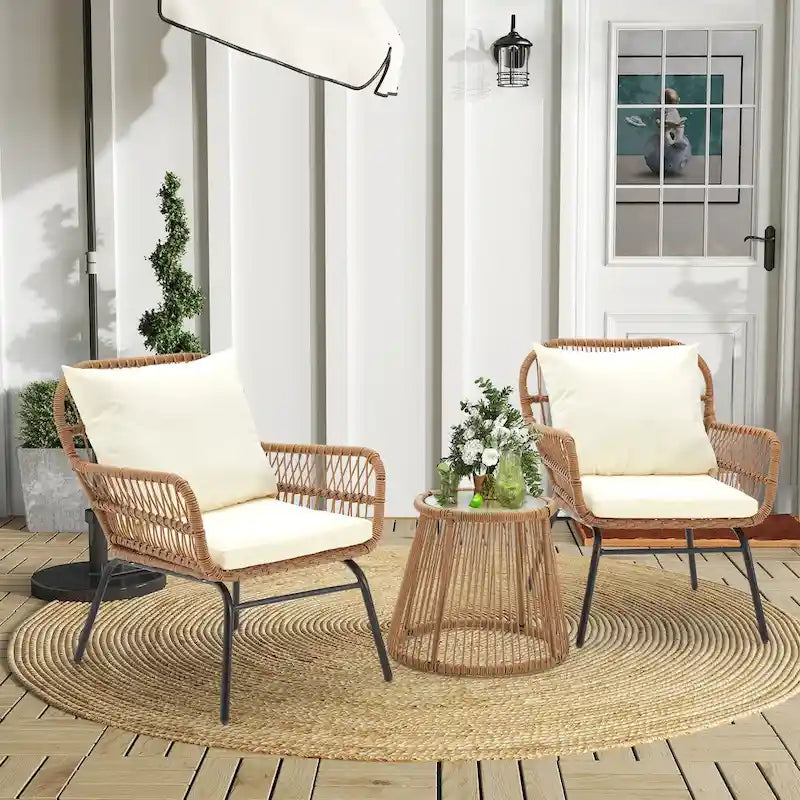 3-Piece Patio Conversation Bistro Set, Outdoor Rattan Furniture Set with Glass Table & 2 Wide Armchairs, Seat Cushions - image 22