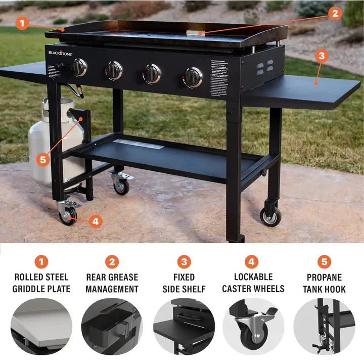 Blackstone 36 Inch Gas Griddle Cooking Station 4 Burner Flat Top Gas Grill Propane Fuelled Restaurant Grade Professional 36” Outdoor Griddle Station with Side Shelf (1554) - image 6