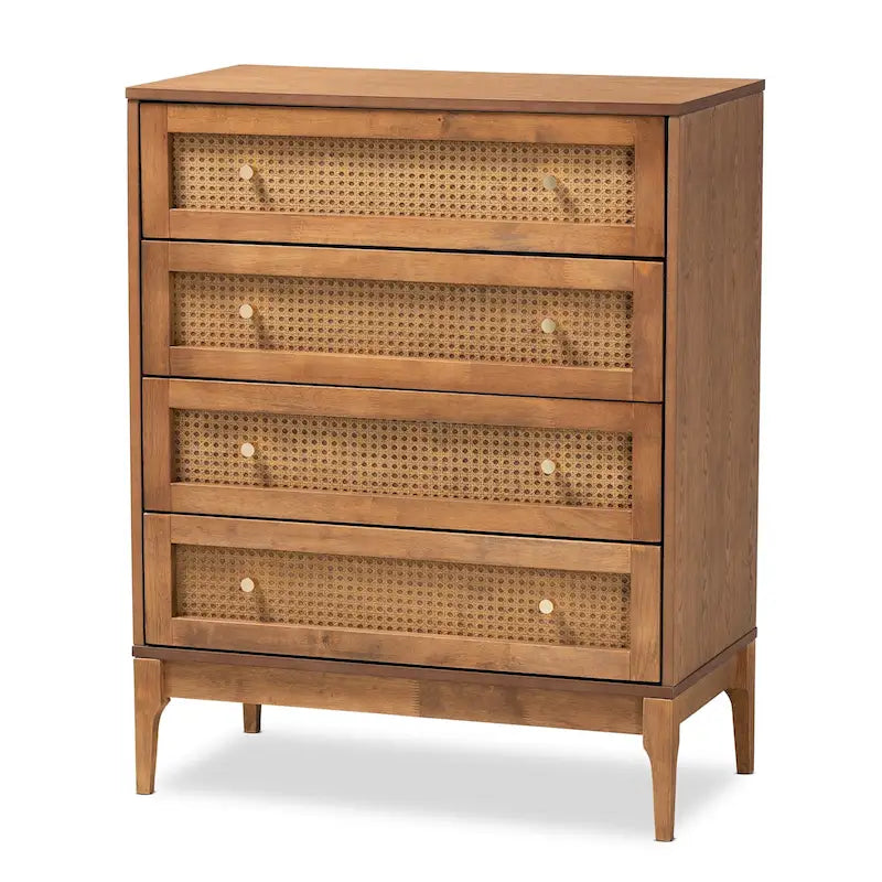 Ramiel Mid-Century Modern 4-Drawer Chest in Ash Walnut with Rattan Accents - image 2