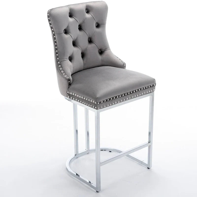 Contemporary Set of 2 Bar Stools with Button-Tufted Back and Studded Trim, Chrome Metal Base - Ideal for Dining Room, Living Room, and Bedroom - image 26