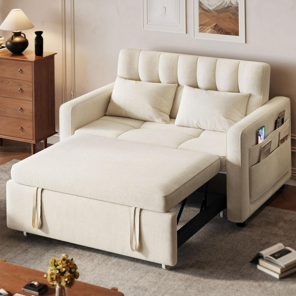 3-in-1 Convertible Sofa Bed, 55" Sleeper Sofa with Pull-Out Bed, Cat-Scratch-Proof Fabric Futon Couch with Adjustable Backrest and Side Pocket, Loveseat for Living Room Apartment, Grey - image 1