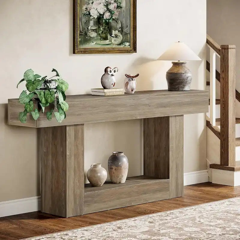63-Inch Brown and Gray Slim Wooden Console Table for Entryway - image 19