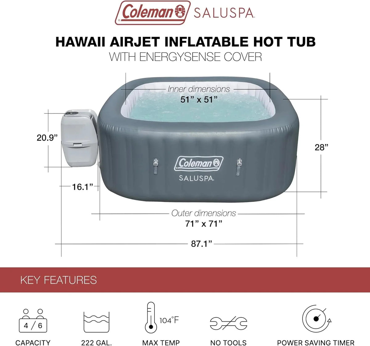 4 to 6 Person Inflatable Hot Tub Square Portable Outdoor Spa with 114 Soothing AirJets and Insulated Cover, Gray-Coleman - image 2