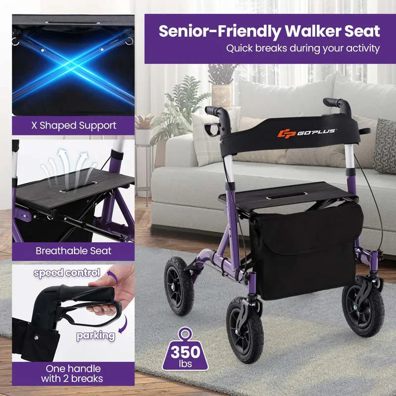 Foldable Rolling Walker with 9.5" All Terrain Pneumatic Wheel, Heavy Duty Height Adjustable Rollator Walker with Seat for Seniors - image 7