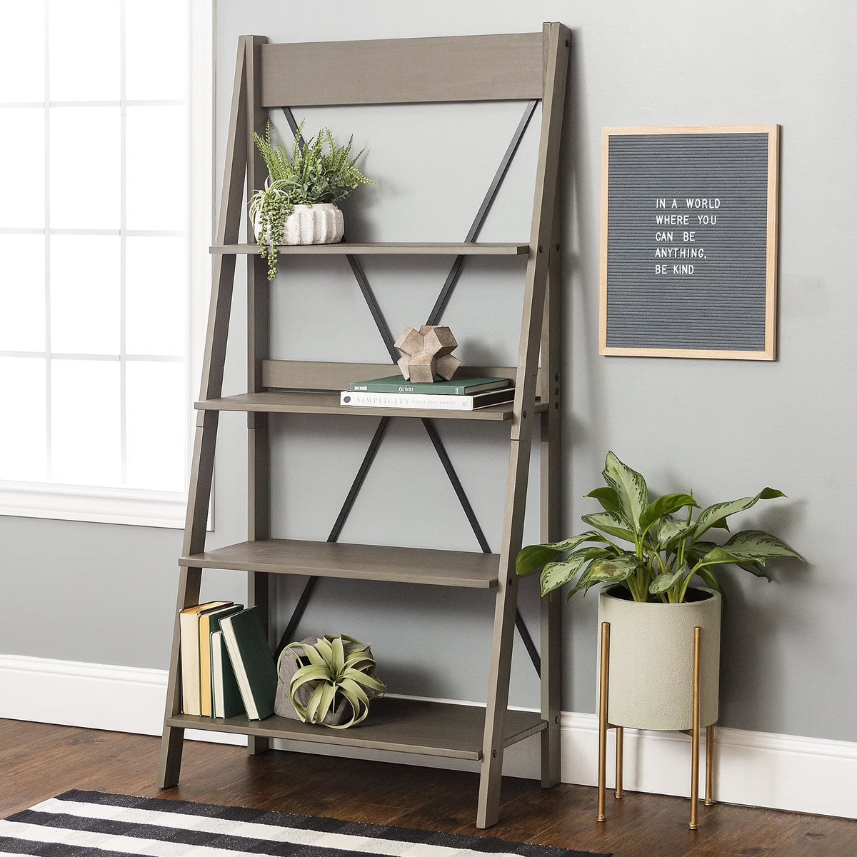 Walker Edison Solid Wood 4-Shelf Ladder Bookshelf, Brown - image 3
