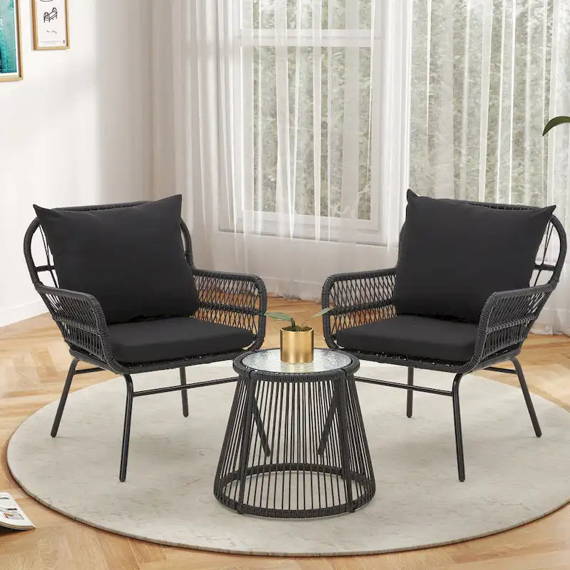 3-Piece Patio Conversation Bistro Set, Outdoor Rattan Furniture Set with Glass Table & 2 Wide Armchairs, Seat Cushions - image 5