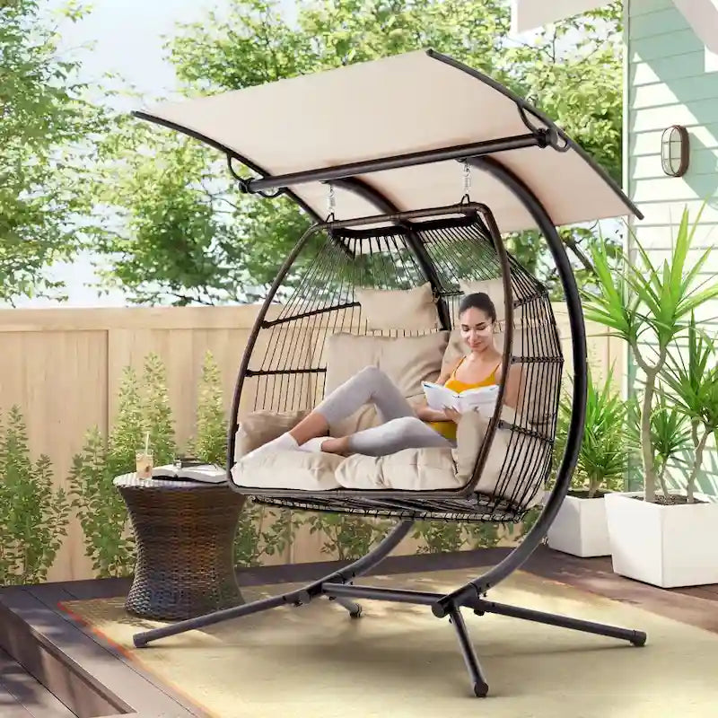 Outdoor Swing Loveseat with Stand, Foldable Hanging Chair, Hammock Cushion, and Awning, Double Egg Chair - Beige - image 12