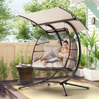 Outdoor Swing Loveseat with Stand, Foldable Hanging Chair, Hammock Cushion, and Awning, Double Egg Chair - Beige - image 12