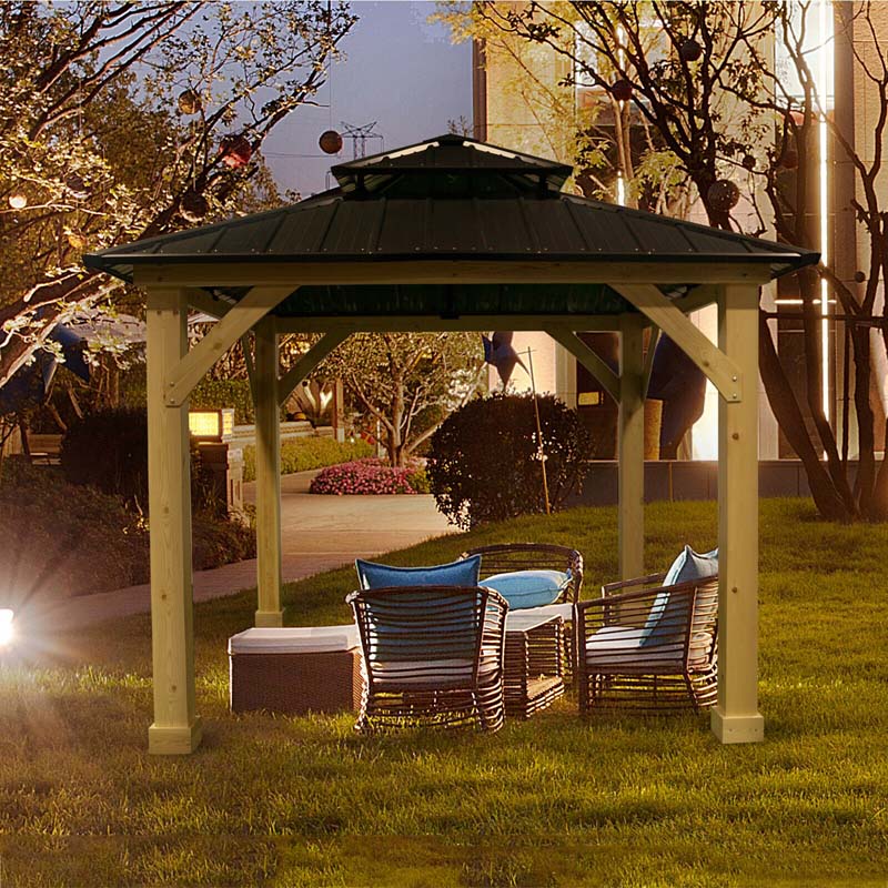 10 x 10 FT Outdoor Patio Hardtop Gazebo with Wood Frame & 2-Tier Metal Roof, All-Weather Gazebo Pergolas Shelter - image 10