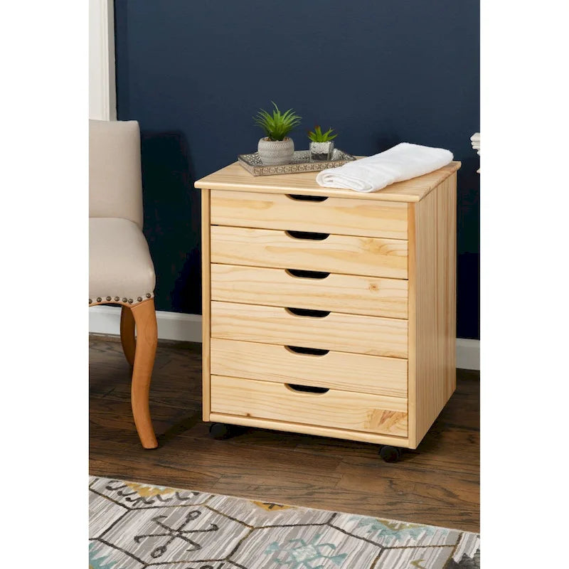25.25-Inch Natural Brown Wide Rolling Storage Cabinet Featuring 6 Drawers - image 2