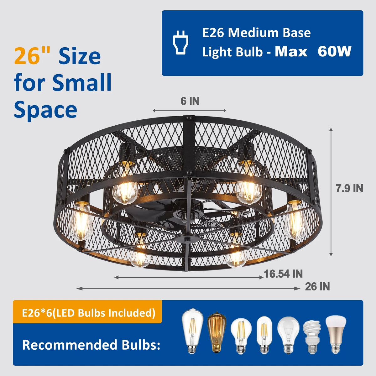 26 - Inch Farmhouse Caged Ceiling Fan with Light, Remote & APP Control Quiet DC Motor E26 Bulbs Included Black - image 4