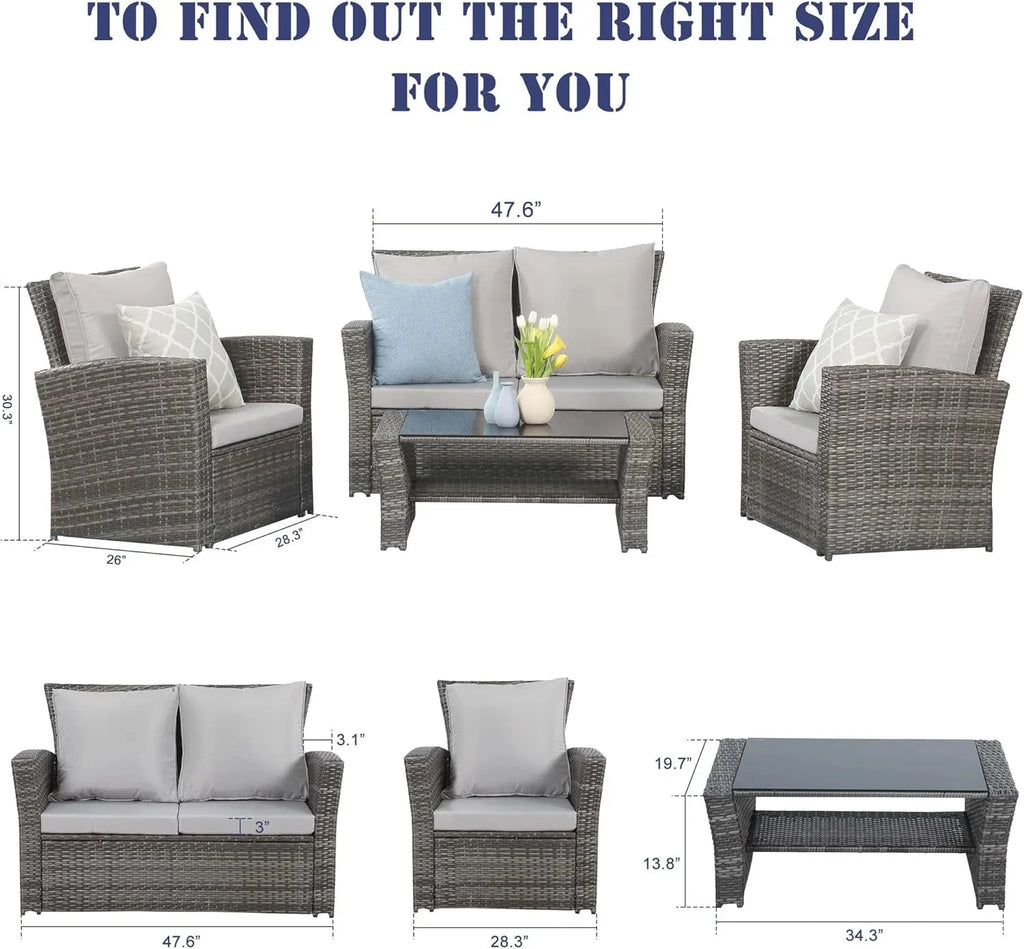 Wisteria Lane 4 Piece Outdoor Patio Furniture Sets, Wicker Conversation Set for Porch Deck, Grey Rattan Sofa Chair with Cushion Blue - image 27
