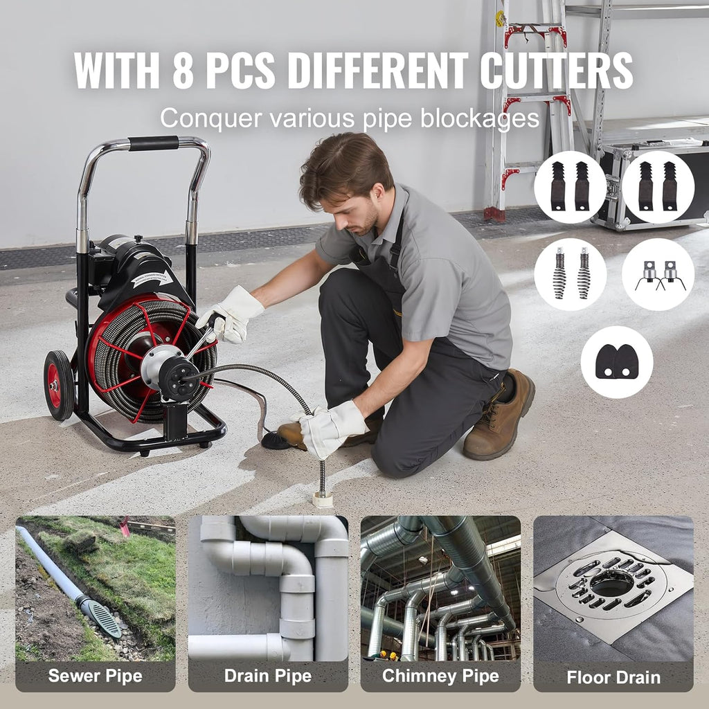 Drain Cleaner Machine 100FT x 1/2 Inch, Auto Feed Sewer Snake Auger on Wheels, 550W Portable Drain Cleaning Machine with 8 Cutters & Air-activated Foot for 2" to 4" Pipes - image 16