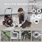 Drain Cleaner Machine 100FT x 1/2 Inch, Auto Feed Sewer Snake Auger on Wheels, 550W Portable Drain Cleaning Machine with 8 Cutters & Air-activated Foot for 2" to 4" Pipes - image 16
