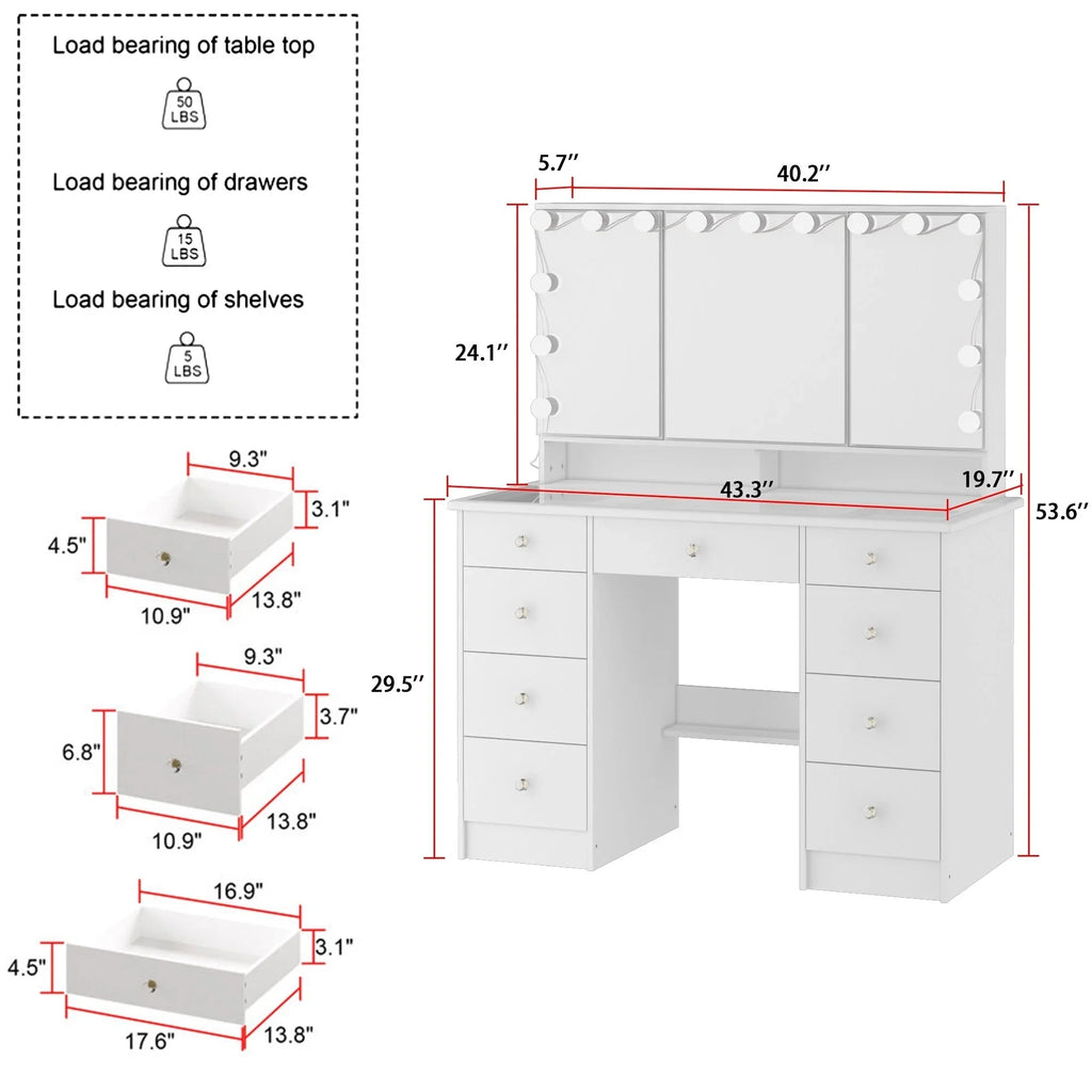 Makeup Vanity w/Tri-Fold Mirror Certified Lighting Glass Top Dresser - image 11
