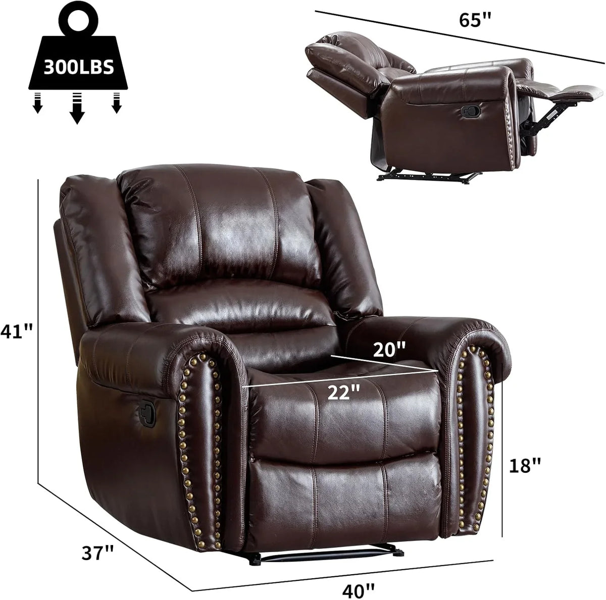 CANMOV Leather Recliner Chair, Classic and Traditional Manual Recliner Chair with Comfortable Arms and Back Single Sofa for Living Room, Nut Brown - image 5